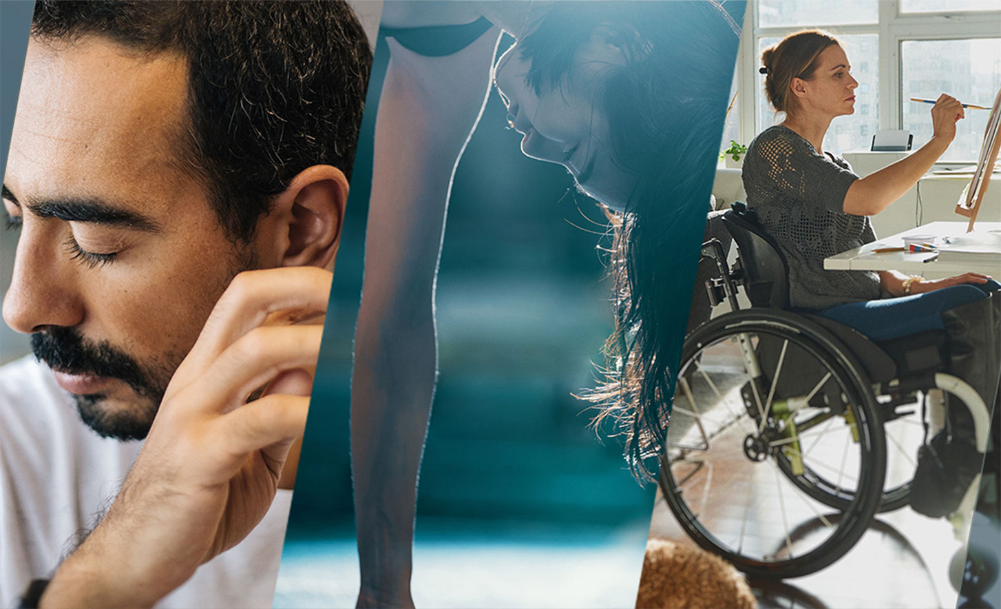 Tri prepojené obrázky s osobou so zatvorenými očami, osobou robiacou stojku na rukách a osobou na invalidnom vozíku, ktorá maľuje na plátno.