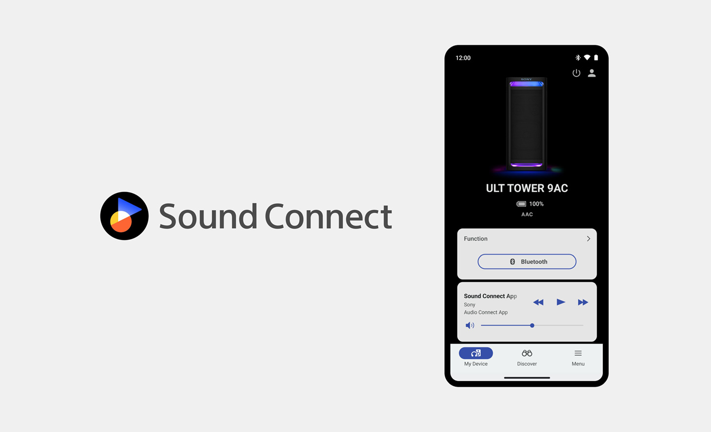 Logo Sound Connect vedľa obrázku mobilného telefónu s otvorenou aplikáciou Sony Sound Connect viditeľnou na obrazovke