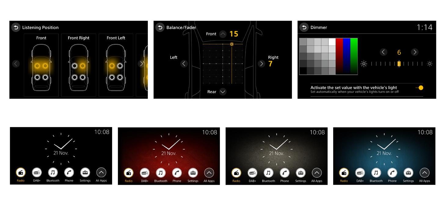 Obrázok viacerých rozhraní na obrazovke a ich možností pre mediálny prijímač XAV-9550ES