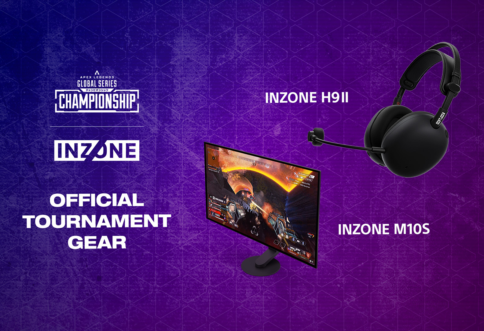 Baner domovskej stránky, na ktorom je obrázok nového herného monitora M10S a herných slúchadiel H9 II spolu s logami INZONE a Apex Legends Global Series.