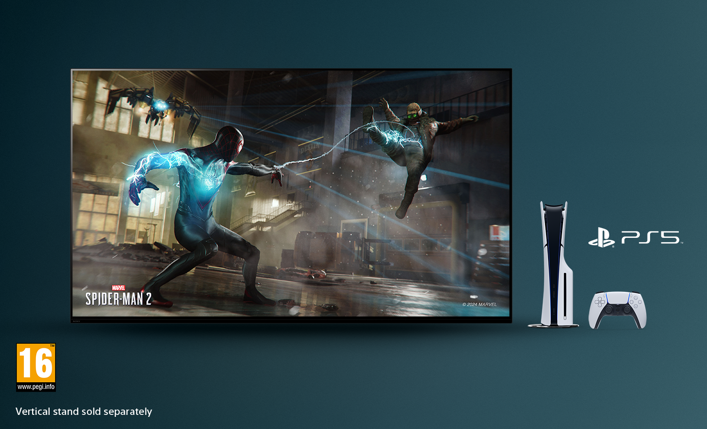 Televízor so snímkou obrazovky filmu Marvel SPIDER-MAN 2, konzola a ovládač PlayStation® 5 vpravo a logo PEGI 16 vľavo dole